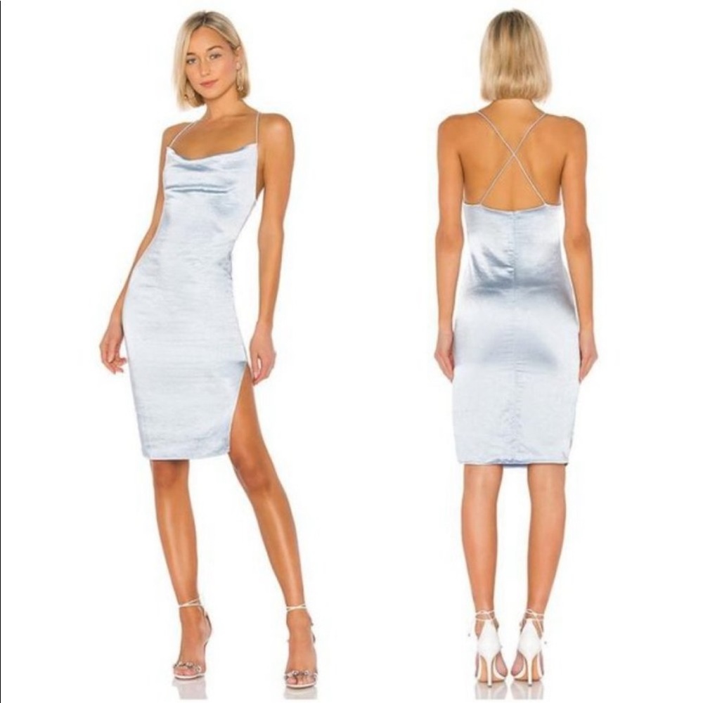 Revolve Superdown Billie Drape Dusty Light Blue Satin Dress Slit Slip Cowl Neck